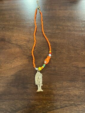 Orange Beaded Necklace with Gold Fish Pendant